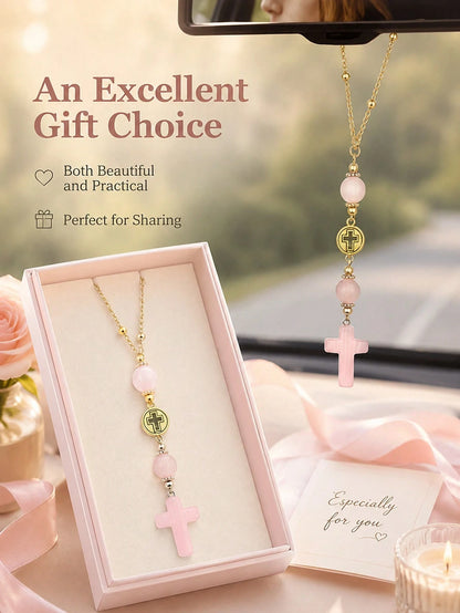 1pc Cross Car Hanging Ornament Set With Gold Chain And Rose Quartz Beads, Round Religious Cross Pendant, Minimalist Cute Christian Car Interior Decor, Bohemian Style Car Rearview Mirror Accessory, Ros