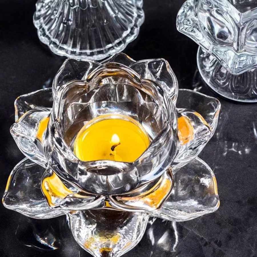1pc Crystal Lotus Tea Light Candle Holder/Glass Tea Light Candle Holder Decor, Suitable For Christmas, Home, Wedding Party