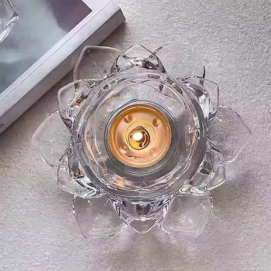 1pc Crystal Lotus Tea Light Candle Holder/Glass Tea Light Candle Holder Decor, Suitable For Christmas, Home, Wedding Party