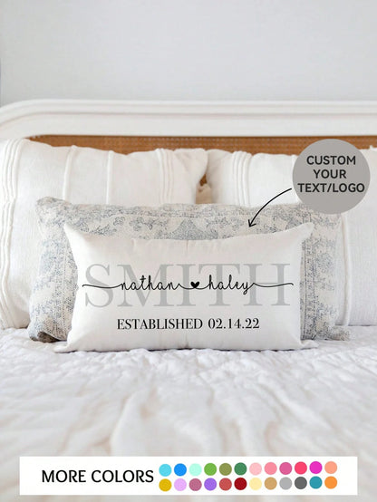1pc Customizable Family Name & Date DIY Lumbar Pillow Cover, Minimalist Luxury Surname Heart Design, Multi-Color Options, Wedding Anniversary Gift, Bedroom Headboard Sofa Lumbar Cushion, All Season, S