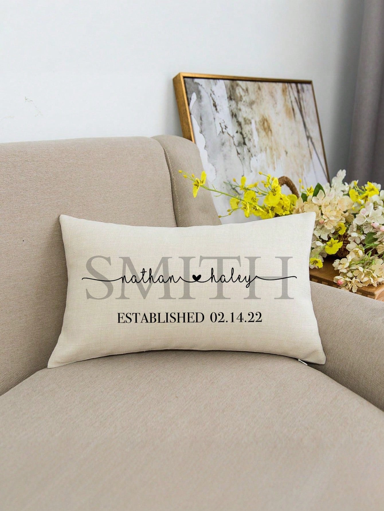 1pc Customizable Family Name & Date DIY Lumbar Pillow Cover, Minimalist Luxury Surname Heart Design, Multi-Color Options, Wedding Anniversary Gift, Bedroom Headboard Sofa Lumbar Cushion, All Season, S