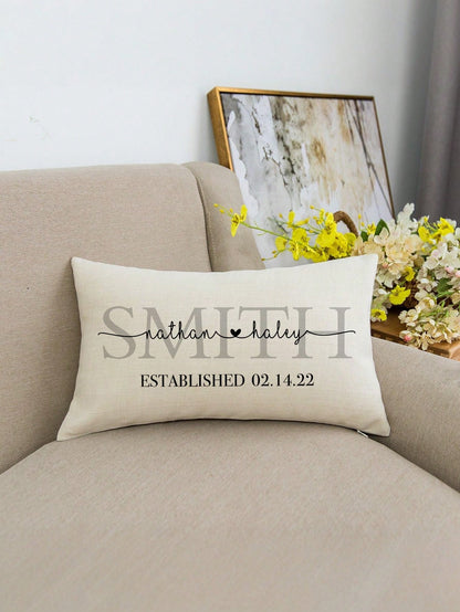 1pc Customizable Family Name & Date DIY Lumbar Pillow Cover, Minimalist Luxury Surname Heart Design, Multi-Color Options, Wedding Anniversary Gift, Bedroom Headboard Sofa Lumbar Cushion, All Season, S