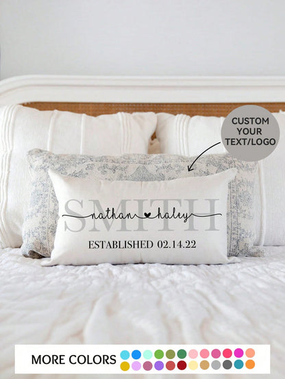 1pc Customizable Family Name & Date DIY Lumbar Pillow Cover, Minimalist Luxury Surname Heart Design, Multi-Color Options, Wedding Anniversary Gift, Bedroom Headboard Sofa Lumbar Cushion, All Season, S
