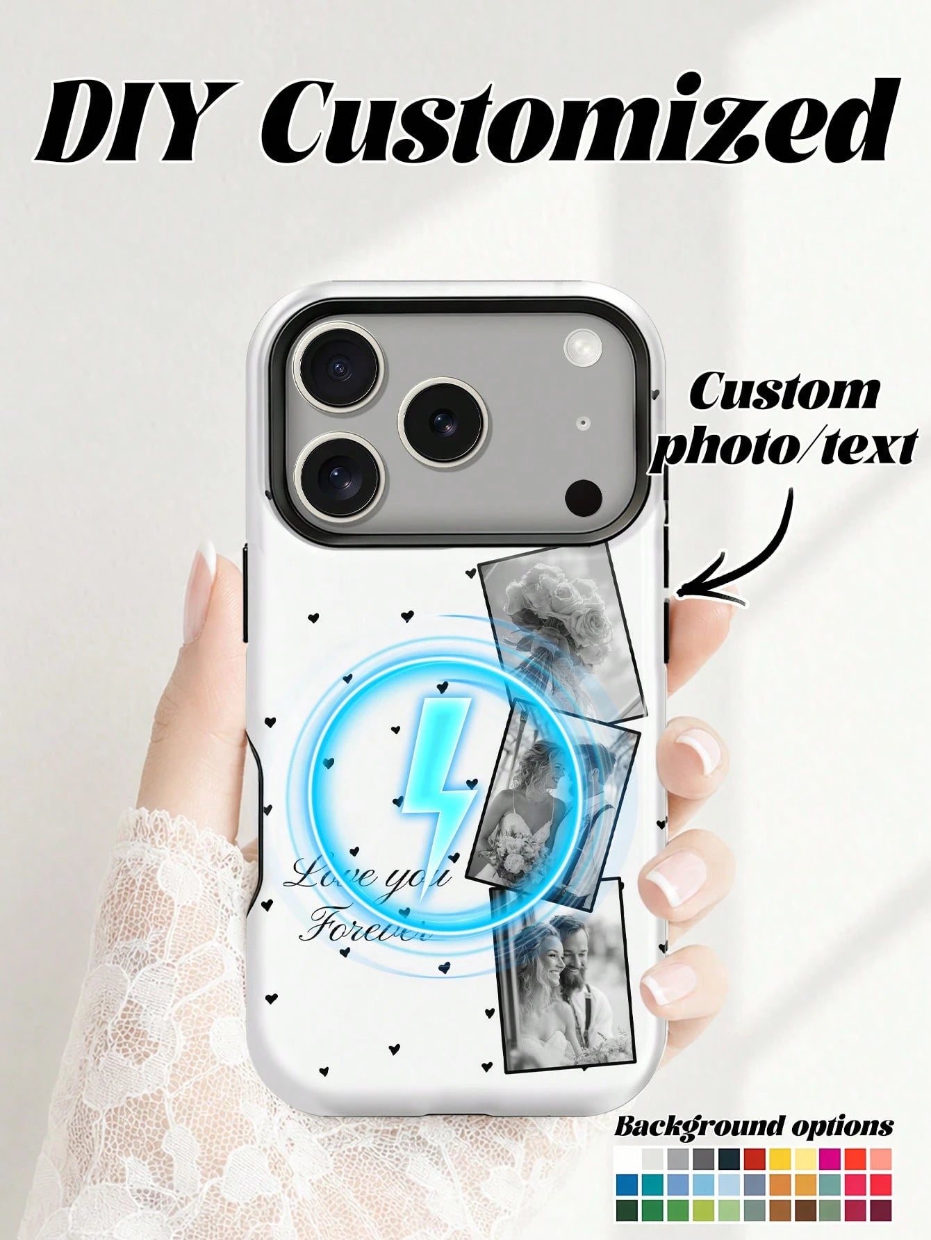 1pc- Customizable Magnetic Phone Case, Film Glossy 2-In-1 Full Coverage Design, Heart 3-Photo Protective Shell With Multiple Base Colors, Including Wedding, Couple, Daily Moments, Family, Pet, Vacati