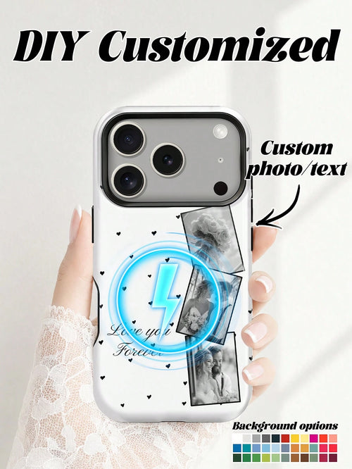 1pc- Customizable Magnetic Phone Case, Film Glossy 2-In-1 Full Coverage Design, Heart 3-Photo Protective Shell With Multiple Base Colors, Including Wedding, Couple, Daily Moments, Family, Pet, Vacati