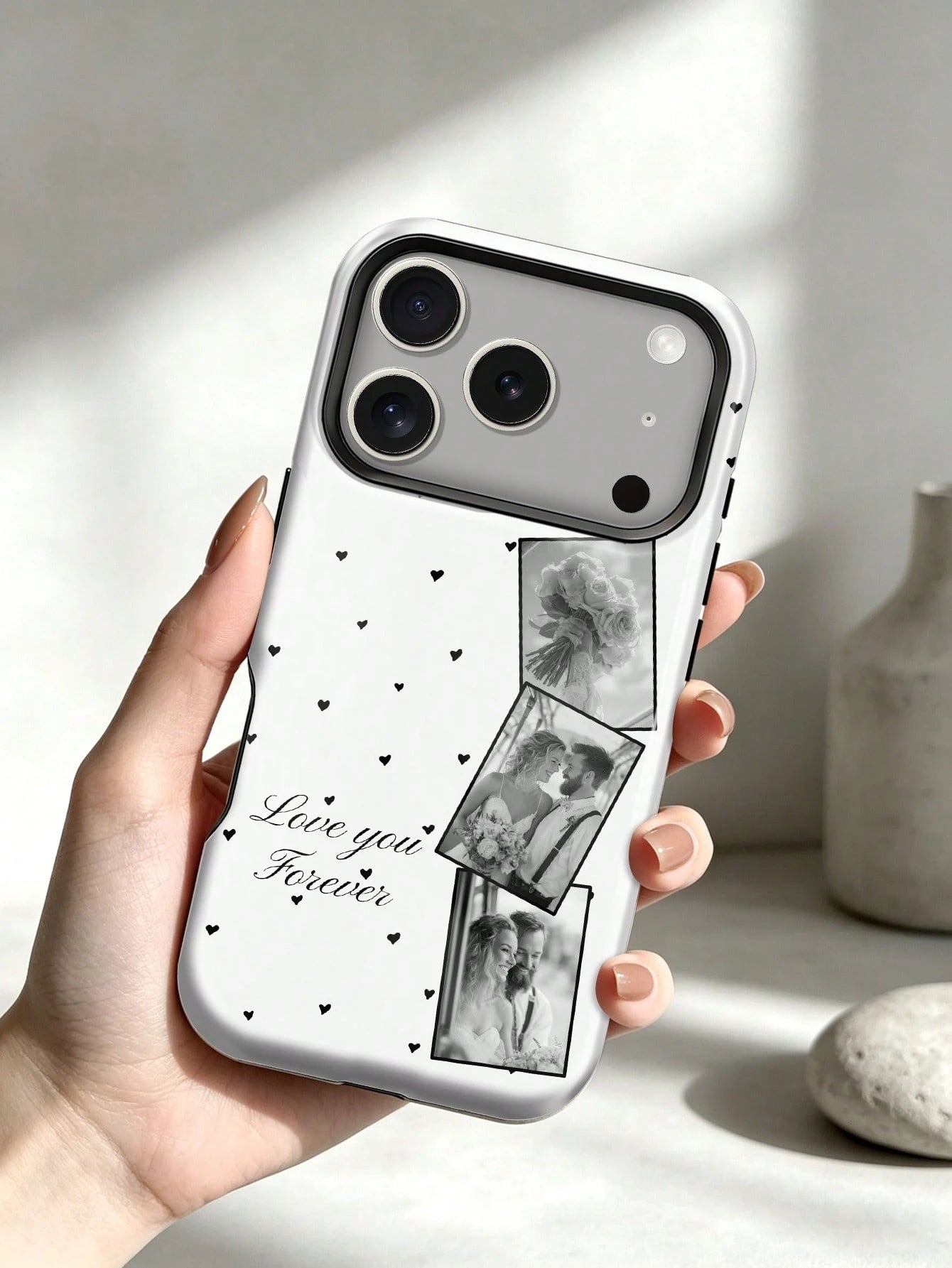 1pc- Customizable Magnetic Phone Case, Film Glossy 2-In-1 Full Coverage Design, Heart 3-Photo Protective Shell With Multiple Base Colors, Including Wedding, Couple, Daily Moments, Family, Pet, Vacati