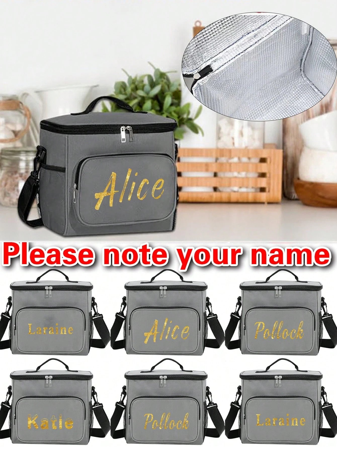 1pc Customized Crossbody Lunch Bag, Large Capacity, 4 Font Options, Customizable Name & Pattern, Men's Student Insulated Lunch Bag, With Side Pocket, Crossbody Bag, Shoulder Bag, Letters A To Z, Bear