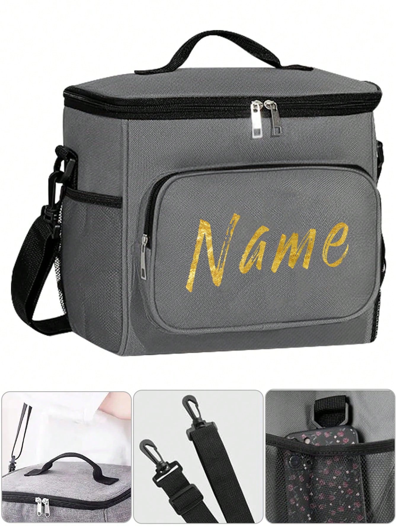 1pc Customized Crossbody Lunch Bag, Large Capacity, 4 Font Options, Customizable Name & Pattern, Men's Student Insulated Lunch Bag, With Side Pocket, Crossbody Bag, Shoulder Bag, Letters A To Z, Bear