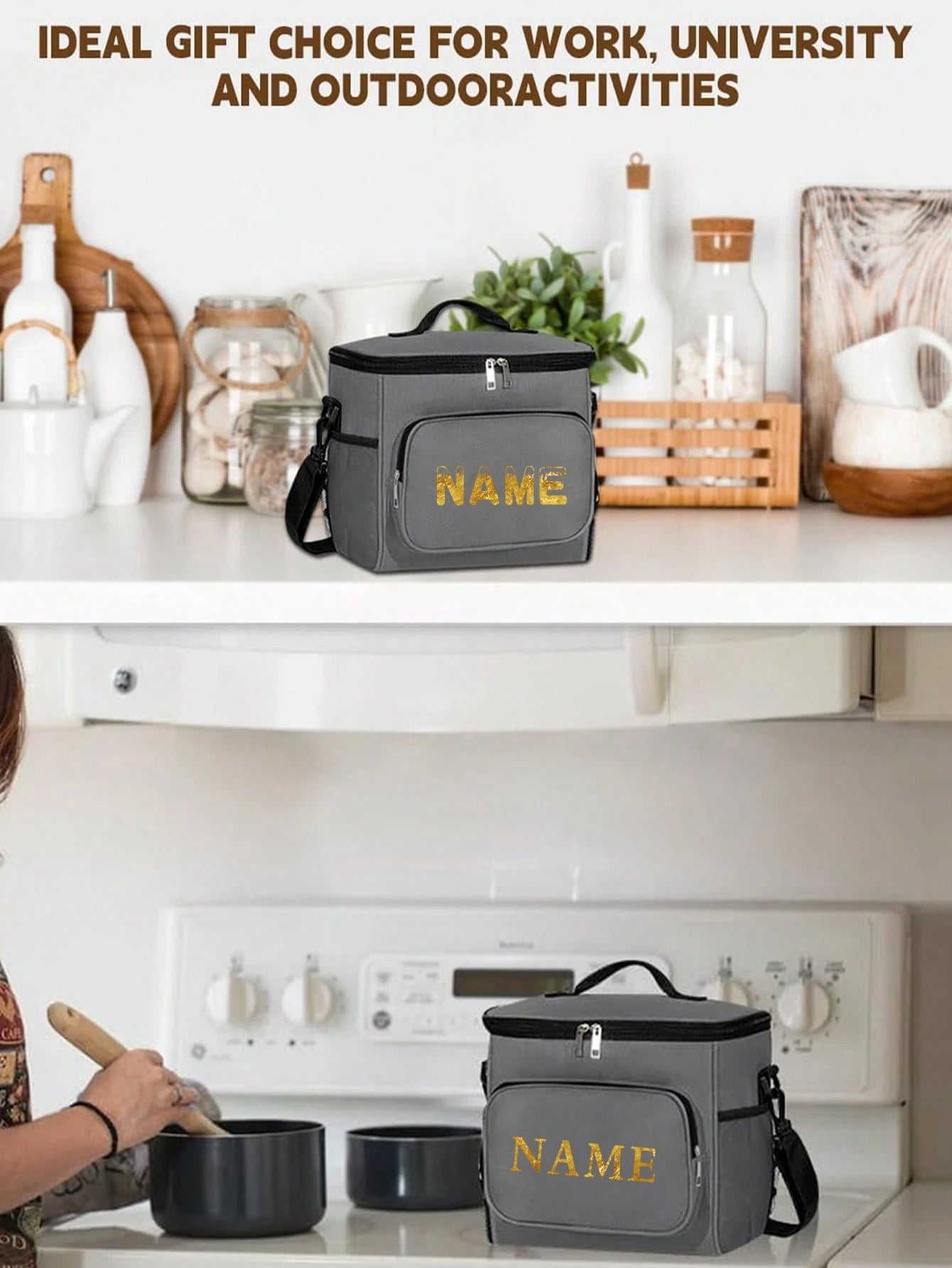 1pc Customized Crossbody Lunch Bag, Large Capacity, 4 Font Options, Customizable Name & Pattern, Men's Student Insulated Lunch Bag, With Side Pocket, Crossbody Bag, Shoulder Bag, Letters A To Z, Bear