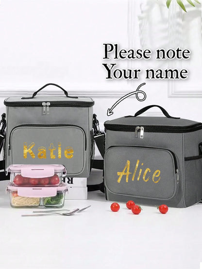 1pc Customized Crossbody Lunch Bag, Large Capacity, 4 Font Options, Customizable Name & Pattern, Men's Student Insulated Lunch Bag, With Side Pocket, Crossbody Bag, Shoulder Bag, Letters A To Z, Bear
