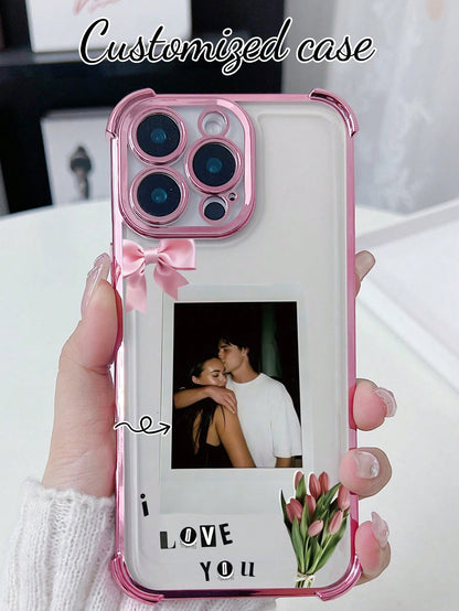 1pc Customized Phone Case With Couple Hugging Photo, Romantic Pink Pattern Design, High-Definition UV Printing/ Deep Purple Four-Corner Anti-Drop Lens Protection Phone Case, Meets Customer Personaliz