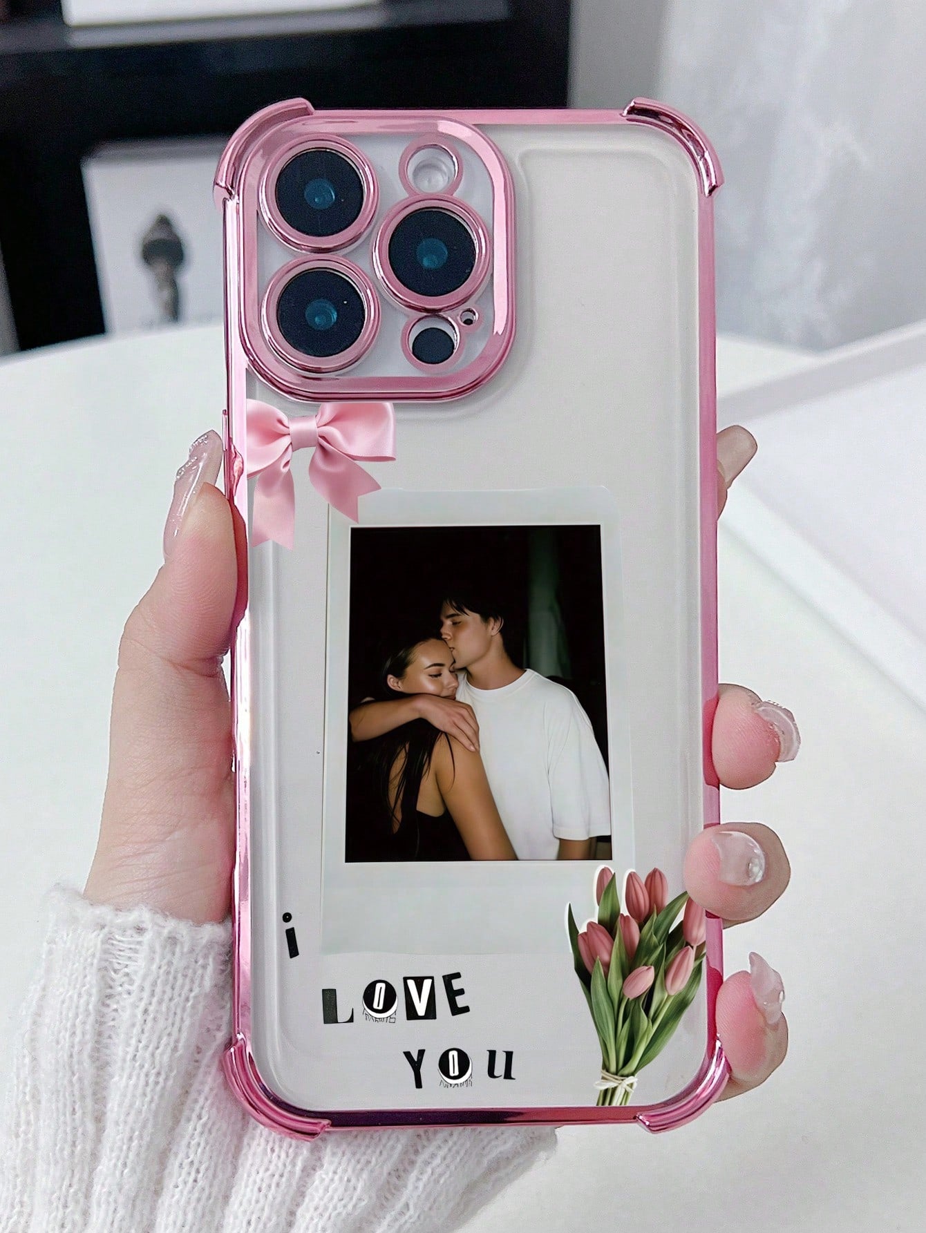 1pc Customized Phone Case With Couple Hugging Photo, Romantic Pink Pattern Design, High-Definition UV Printing/ Deep Purple Four-Corner Anti-Drop Lens Protection Phone Case, Meets Customer Personaliz
