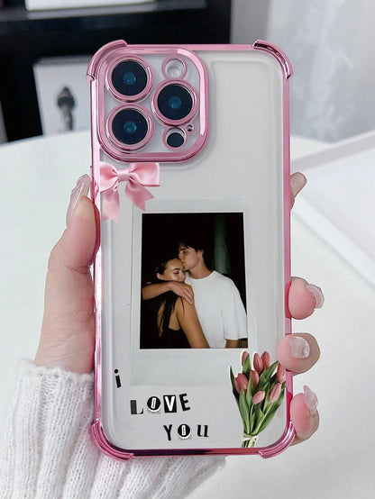 1pc Customized Phone Case With Couple Hugging Photo, Romantic Pink Pattern Design, High-Definition UV Printing/ Deep Purple Four-Corner Anti-Drop Lens Protection Phone Case, Meets Customer Personaliz