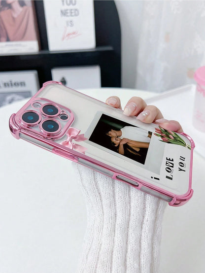 1pc Customized Phone Case With Couple Hugging Photo, Romantic Pink Pattern Design, High-Definition UV Printing/ Deep Purple Four-Corner Anti-Drop Lens Protection Phone Case, Meets Customer Personaliz