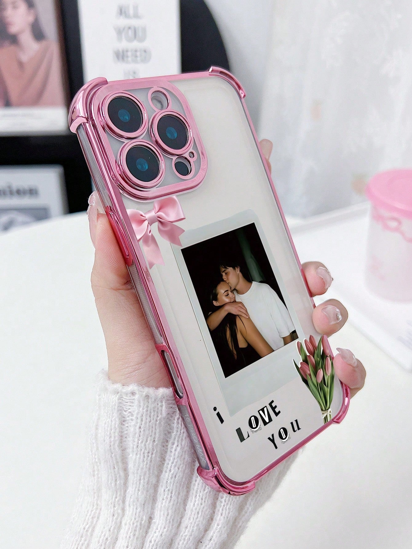 1pc Customized Phone Case With Couple Hugging Photo, Romantic Pink Pattern Design, High-Definition UV Printing/ Deep Purple Four-Corner Anti-Drop Lens Protection Phone Case, Meets Customer Personaliz