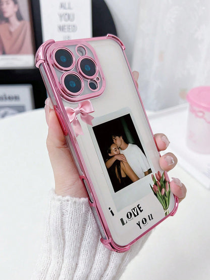 1pc Customized Phone Case With Couple Hugging Photo, Romantic Pink Pattern Design, High-Definition UV Printing/ Deep Purple Four-Corner Anti-Drop Lens Protection Phone Case, Meets Customer Personaliz