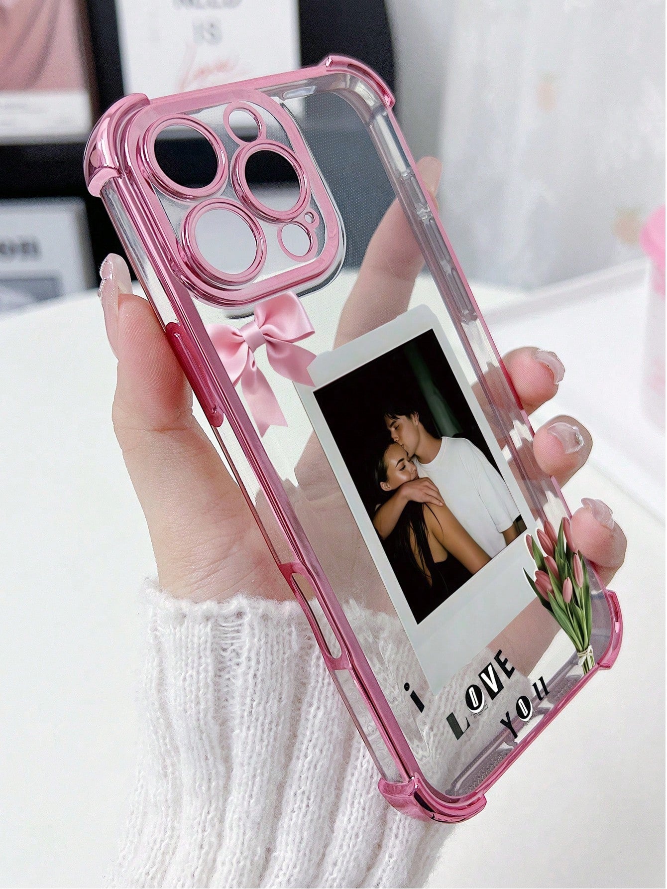 1pc Customized Phone Case With Couple Hugging Photo, Romantic Pink Pattern Design, High-Definition UV Printing/ Deep Purple Four-Corner Anti-Drop Lens Protection Phone Case, Meets Customer Personaliz