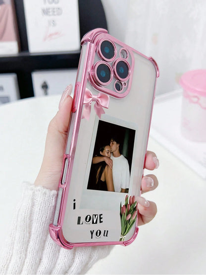 1pc Customized Phone Case With Couple Hugging Photo, Romantic Pink Pattern Design, High-Definition UV Printing/ Deep Purple Four-Corner Anti-Drop Lens Protection Phone Case, Meets Customer Personaliz