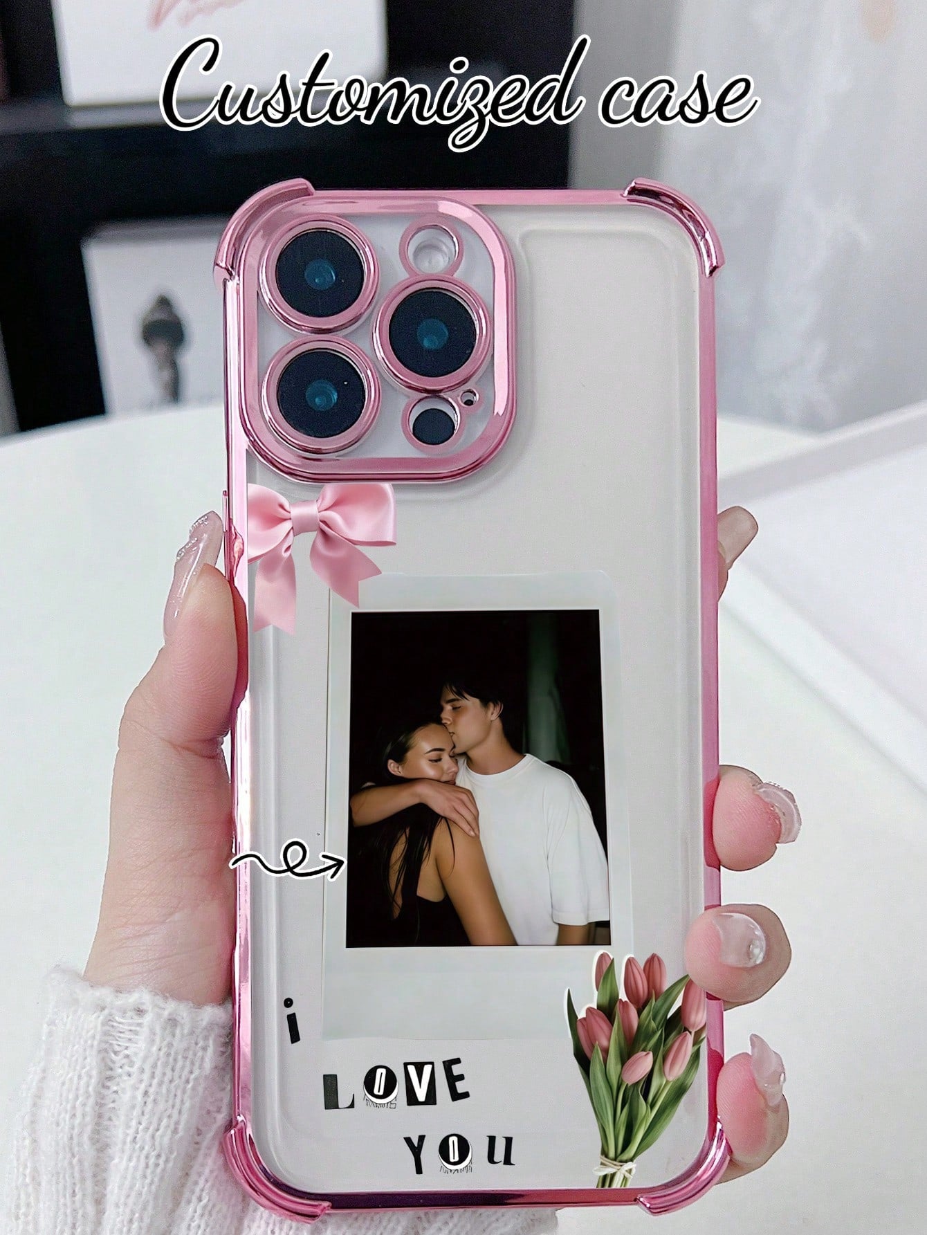 1pc Customized Phone Case With Couple Hugging Photo, Romantic Pink Pattern Design, High-Definition UV Printing/ Deep Purple Four-Corner Anti-Drop Lens Protection Phone Case, Meets Customer Personaliz