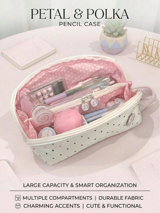 1pc Cute Multi-Compartment Stationery Storage Bag, Beige Polka Dot Design, Suitable For Students Classroom Learning, Back To School, First Day Of School