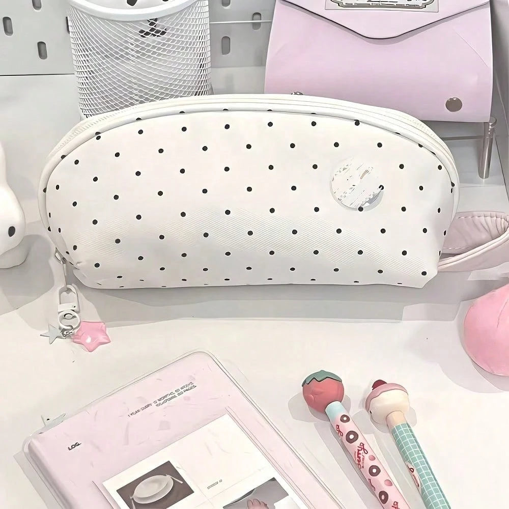 1pc Cute Multi-Compartment Stationery Storage Bag, Beige Polka Dot Design, Suitable For Students Classroom Learning, Back To School, First Day Of School