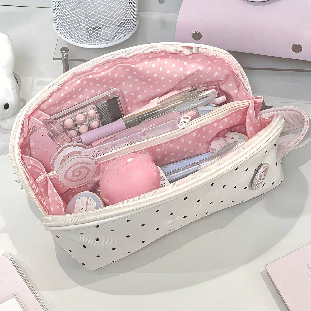 1pc Cute Multi-Compartment Stationery Storage Bag, Beige Polka Dot Design, Suitable For Students Classroom Learning, Back To School, First Day Of School