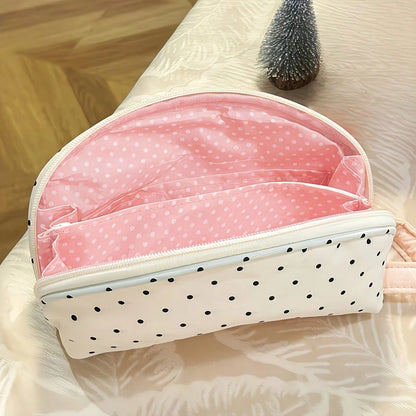 1pc Cute Multi-Compartment Stationery Storage Bag, Beige Polka Dot Design, Suitable For Students Classroom Learning, Back To School, First Day Of School