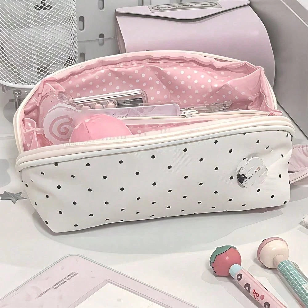 1pc Cute Multi-Compartment Stationery Storage Bag, Beige Polka Dot Design, Suitable For Students Classroom Learning, Back To School, First Day Of School