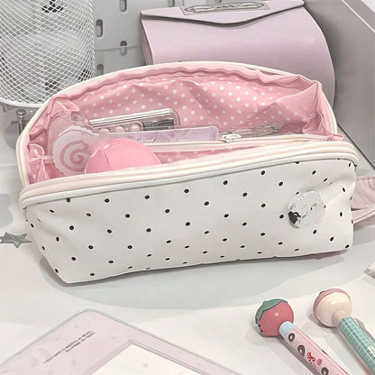 1pc Cute Multi-Compartment Stationery Storage Bag, Beige Polka Dot Design, Suitable For Students Classroom Learning, Back To School, First Day Of School