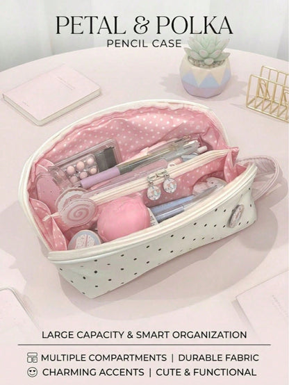 1pc Cute Multi-Compartment Stationery Storage Bag, Beige Polka Dot Design, Suitable For Students Classroom Learning, Back To School, First Day Of School