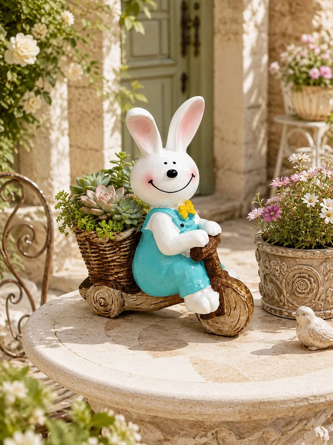 1pc Cute Rabbit Tricycle Planter, Resin Succulent Flower Pot, Garden Yard Balcony Green Plant Planting Pot Decoration, Pastoral Style Desktop Cute Cheerful Atmosphere Decor, Realistic Animal Shape Add