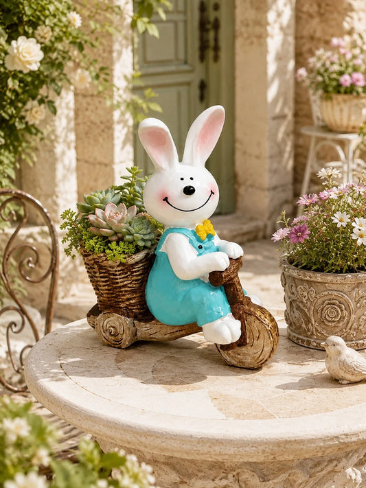 1pc Cute Rabbit Tricycle Planter, Resin Succulent Flower Pot, Garden Yard Balcony Green Plant Planting Pot Decoration, Pastoral Style Desktop Cute Cheerful Atmosphere Decor, Realistic Animal Shape Add