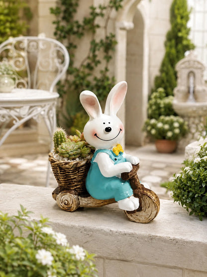 1pc Cute Rabbit Tricycle Planter, Resin Succulent Flower Pot, Garden Yard Balcony Green Plant Planting Pot Decoration, Pastoral Style Desktop Cute Cheerful Atmosphere Decor, Realistic Animal Shape Add