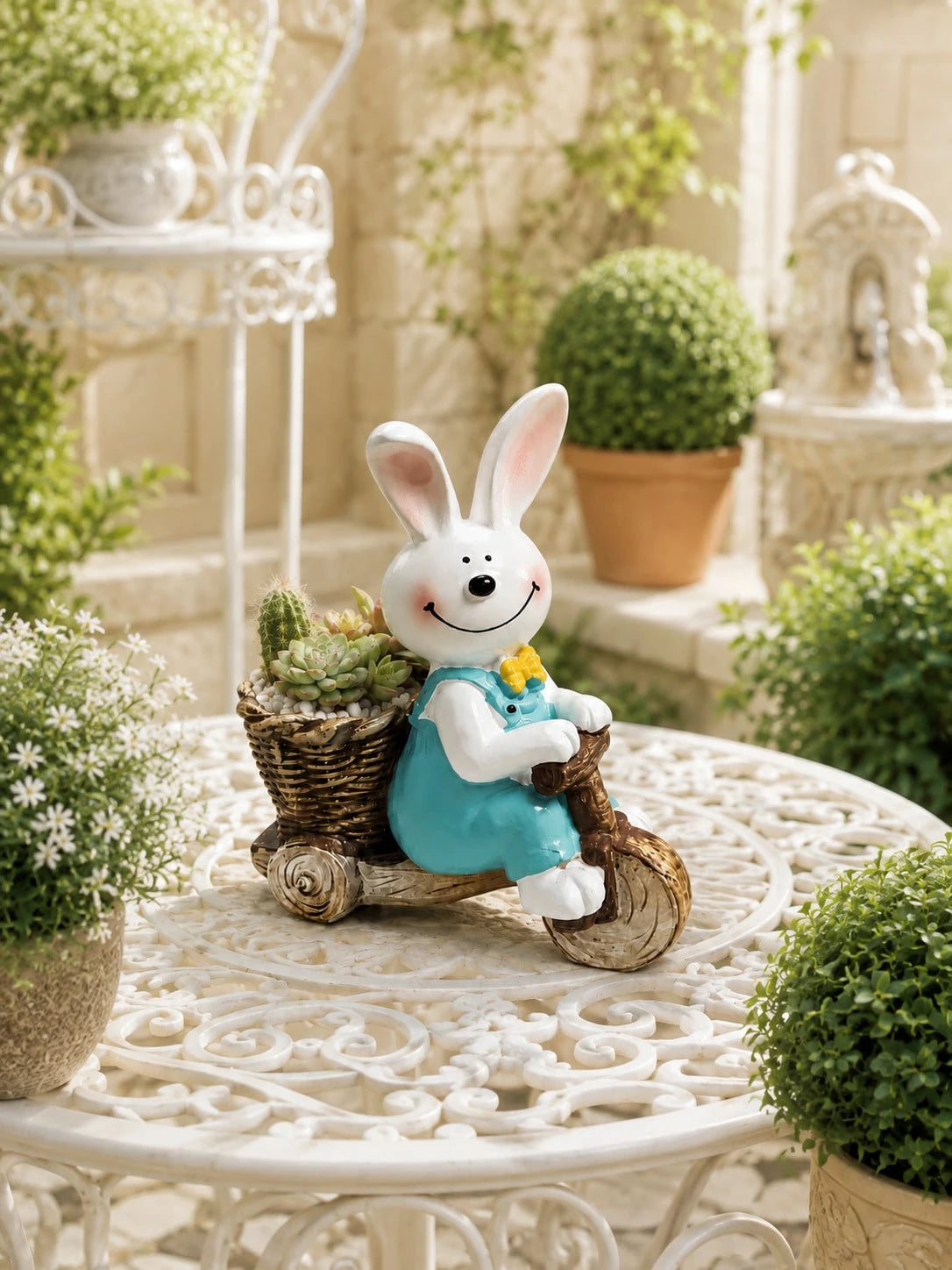 1pc Cute Rabbit Tricycle Planter, Resin Succulent Flower Pot, Garden Yard Balcony Green Plant Planting Pot Decoration, Pastoral Style Desktop Cute Cheerful Atmosphere Decor, Realistic Animal Shape Add