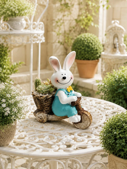 1pc Cute Rabbit Tricycle Planter, Resin Succulent Flower Pot, Garden Yard Balcony Green Plant Planting Pot Decoration, Pastoral Style Desktop Cute Cheerful Atmosphere Decor, Realistic Animal Shape Add