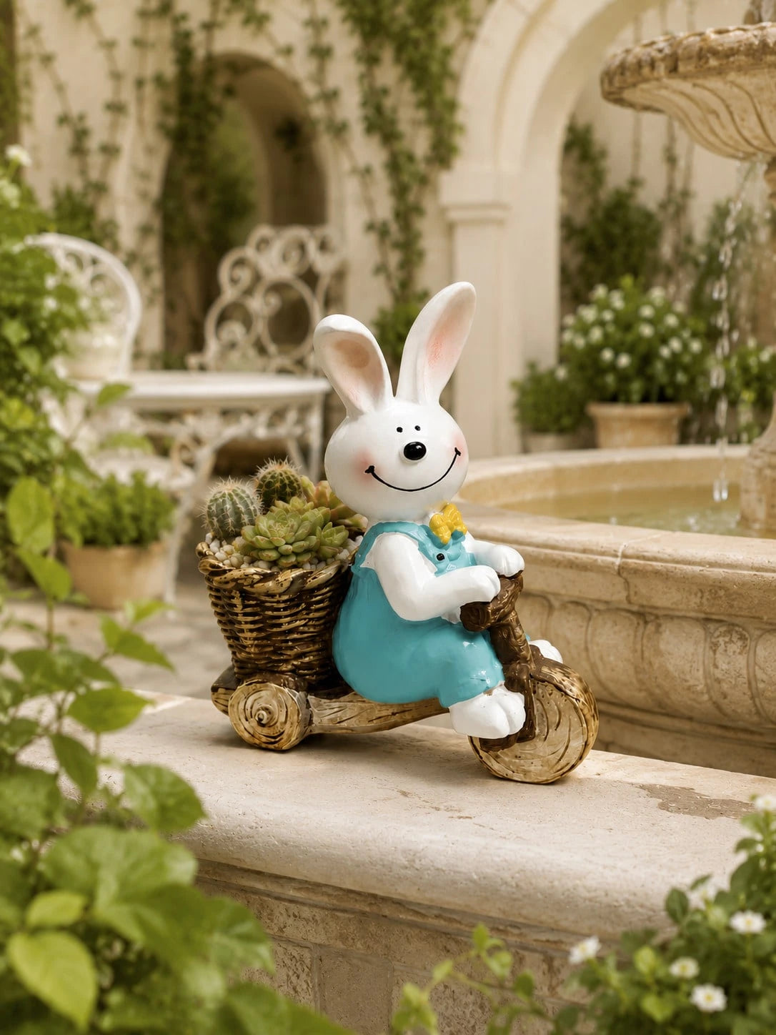 1pc Cute Rabbit Tricycle Planter, Resin Succulent Flower Pot, Garden Yard Balcony Green Plant Planting Pot Decoration, Pastoral Style Desktop Cute Cheerful Atmosphere Decor, Realistic Animal Shape Add