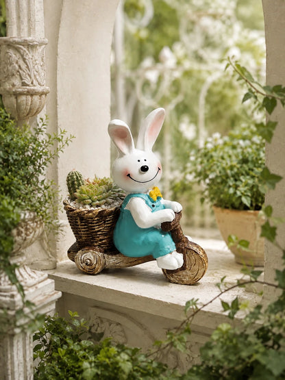 1pc Cute Rabbit Tricycle Planter, Resin Succulent Flower Pot, Garden Yard Balcony Green Plant Planting Pot Decoration, Pastoral Style Desktop Cute Cheerful Atmosphere Decor, Realistic Animal Shape Add