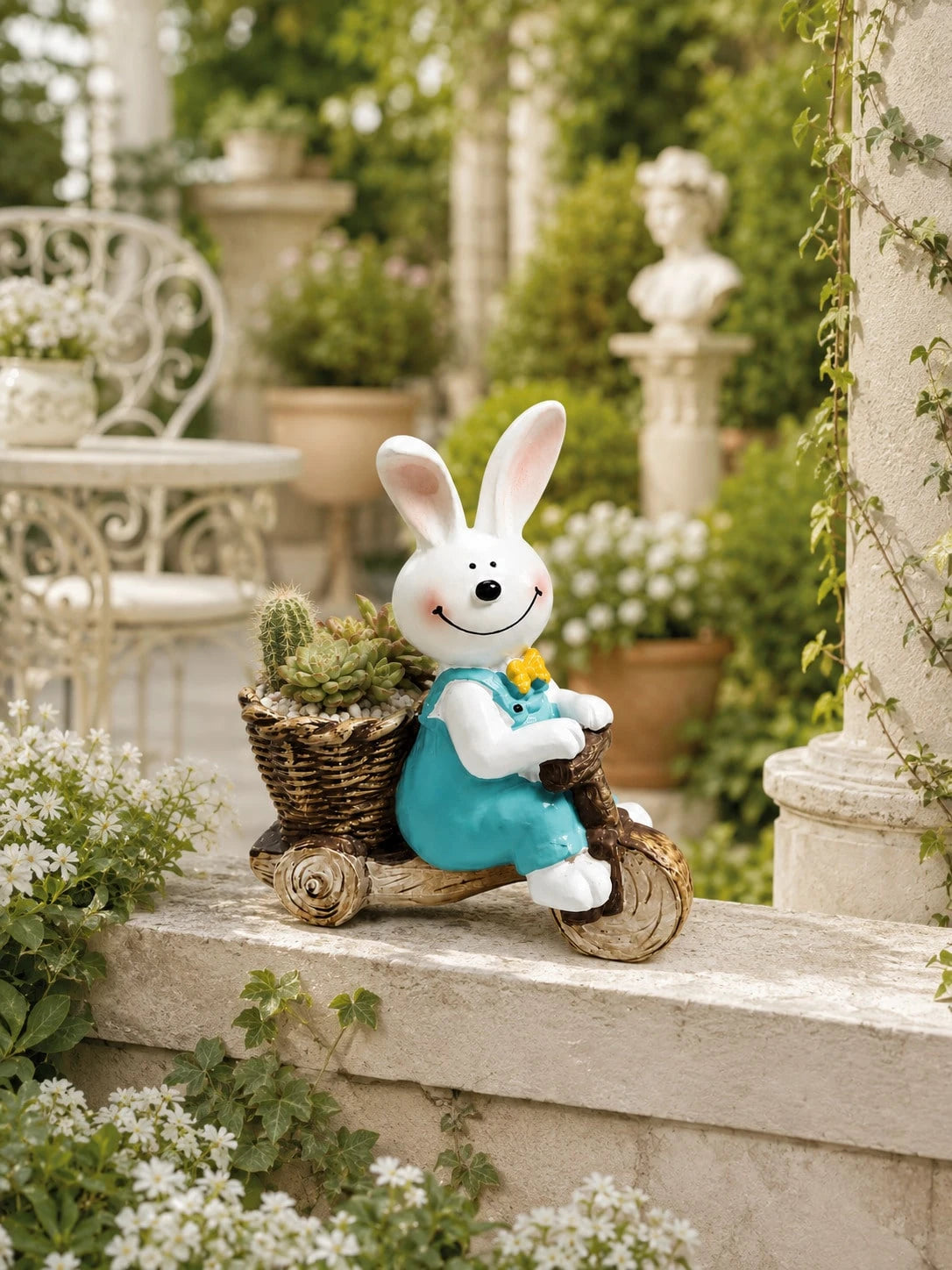 1pc Cute Rabbit Tricycle Planter, Resin Succulent Flower Pot, Garden Yard Balcony Green Plant Planting Pot Decoration, Pastoral Style Desktop Cute Cheerful Atmosphere Decor, Realistic Animal Shape Add