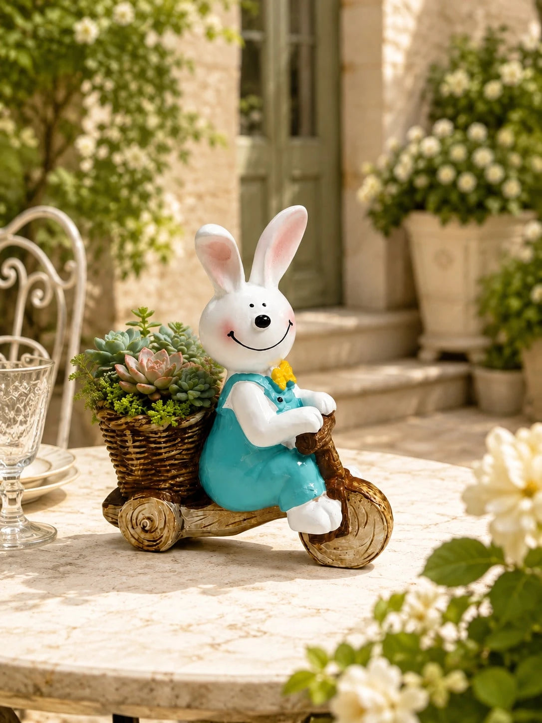 1pc Cute Rabbit Tricycle Planter, Resin Succulent Flower Pot, Garden Yard Balcony Green Plant Planting Pot Decoration, Pastoral Style Desktop Cute Cheerful Atmosphere Decor, Realistic Animal Shape Add