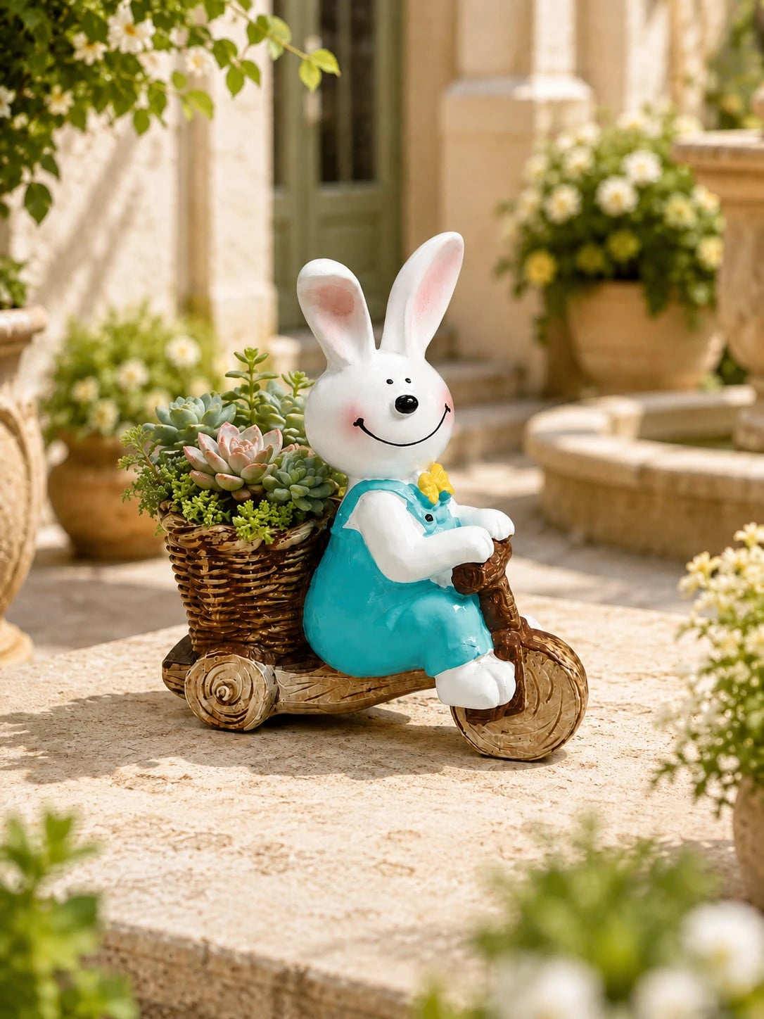1pc Cute Rabbit Tricycle Planter, Resin Succulent Flower Pot, Garden Yard Balcony Green Plant Planting Pot Decoration, Pastoral Style Desktop Cute Cheerful Atmosphere Decor, Realistic Animal Shape Add