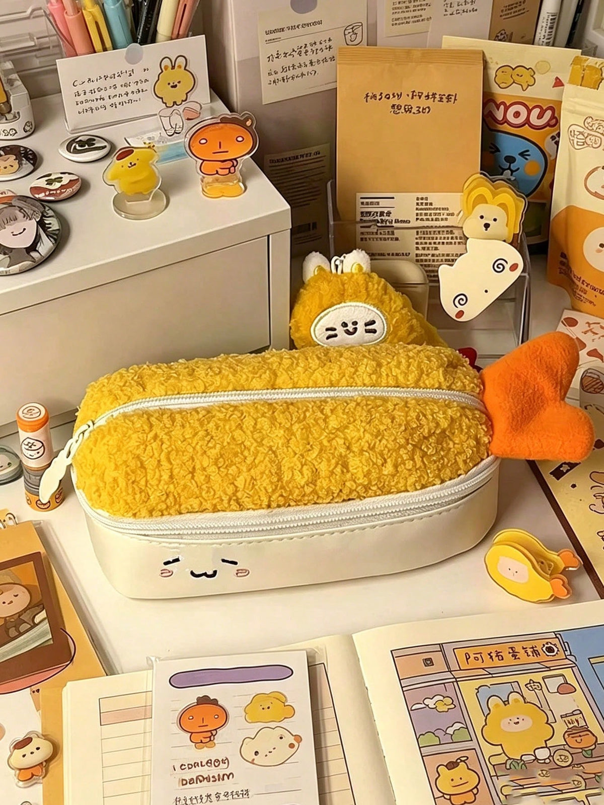 1pc Cute Tempura Fried Shrimp Plush Pencil Case, Large Capacity Multi-Compartment Stationery Storage Bag, Matching Fried Shrimp P, First Day Of School