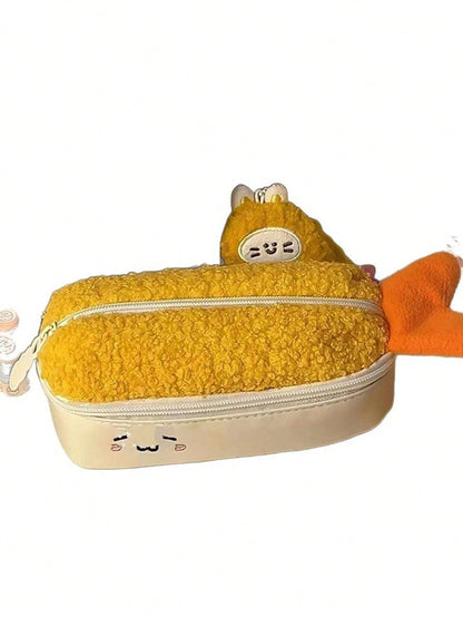 1pc Cute Tempura Fried Shrimp Plush Pencil Case, Large Capacity Multi-Compartment Stationery Storage Bag, Matching Fried Shrimp P, First Day Of School