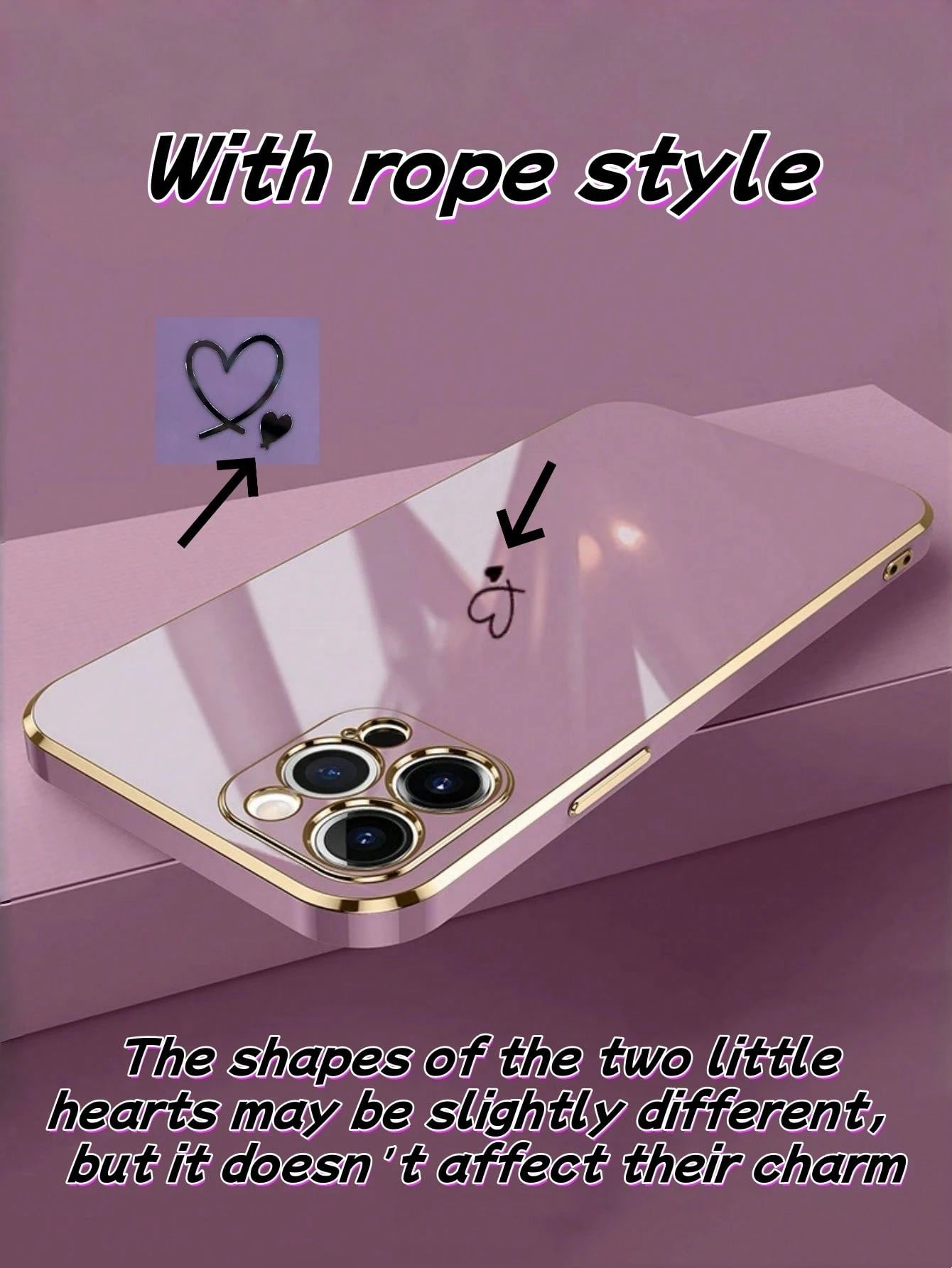 1PC[Daily Essential]Pink/Purple Electroplated TPU Phone Case, Compatible With Apple 17Air/17Pro/17Pro Max| Gold-Rimmed Lens Frame + Body Edge + Silver Heart Decoration + Silicone Lanyard| Versatile