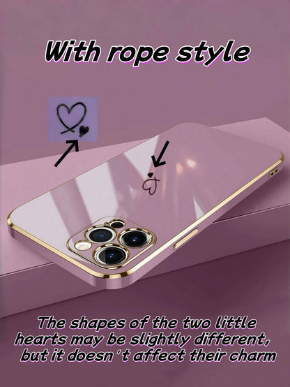 1PC[Daily Essential]Pink/Purple Electroplated TPU Phone Case, Compatible With Apple 17Air/17Pro/17Pro Max| Gold-Rimmed Lens Frame + Body Edge + Silver Heart Decoration + Silicone Lanyard| Versatile