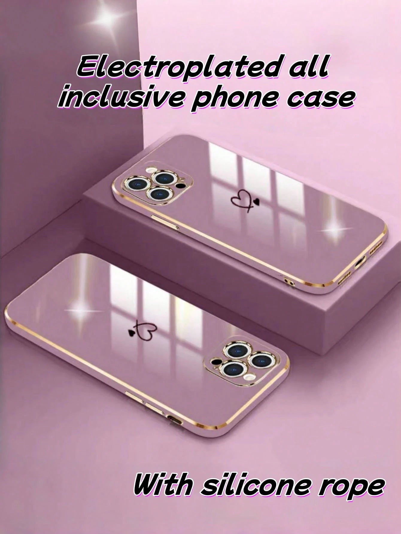1PC[Daily Essential]Pink/Purple Electroplated TPU Phone Case, Compatible With Apple 17Air/17Pro/17Pro Max| Gold-Rimmed Lens Frame + Body Edge + Silver Heart Decoration + Silicone Lanyard| Versatile