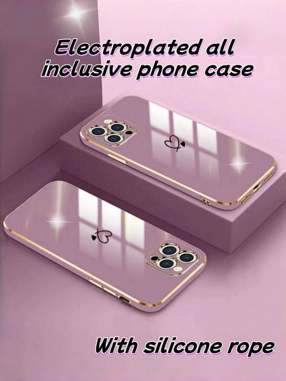 1PC[Daily Essential]Pink/Purple Electroplated TPU Phone Case, Compatible With Apple 17Air/17Pro/17Pro Max| Gold-Rimmed Lens Frame + Body Edge + Silver Heart Decoration + Silicone Lanyard| Versatile