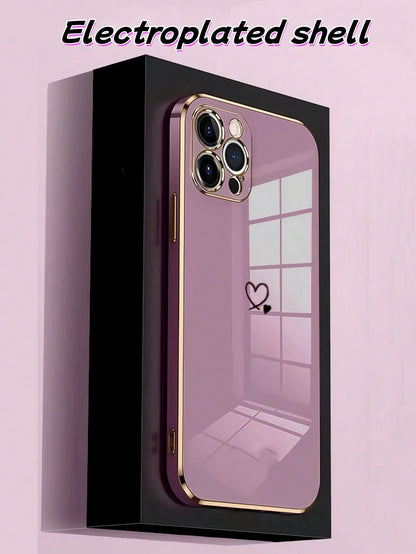 1PC[Daily Essential]Pink/Purple Electroplated TPU Phone Case, Compatible With Apple 17Air/17Pro/17Pro Max| Gold-Rimmed Lens Frame + Body Edge + Silver Heart Decoration + Silicone Lanyard| Versatile