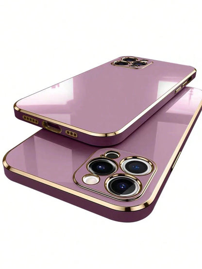 1PC[Daily Essential]Pink/Purple Electroplated TPU Phone Case, Compatible With Apple 17Air/17Pro/17Pro Max| Gold-Rimmed Lens Frame + Body Edge + Silver Heart Decoration + Silicone Lanyard| Versatile