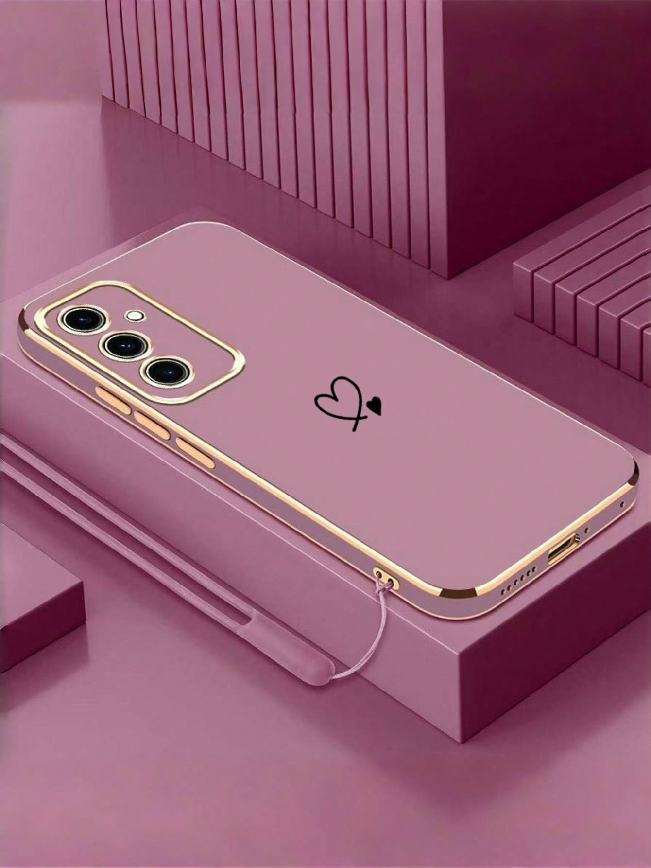 1PC[Daily Essential]Pink/Purple Electroplated TPU Phone Case, Compatible With Apple 17Air/17Pro/17Pro Max| Gold-Rimmed Lens Frame + Body Edge + Silver Heart Decoration + Silicone Lanyard| Versatile