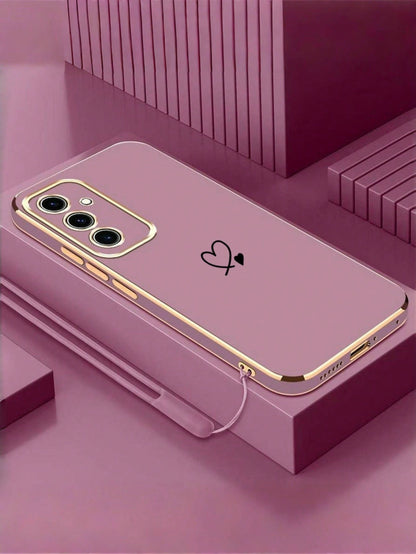 1PC[Daily Essential]Pink/Purple Electroplated TPU Phone Case, Compatible With Apple 17Air/17Pro/17Pro Max| Gold-Rimmed Lens Frame + Body Edge + Silver Heart Decoration + Silicone Lanyard| Versatile